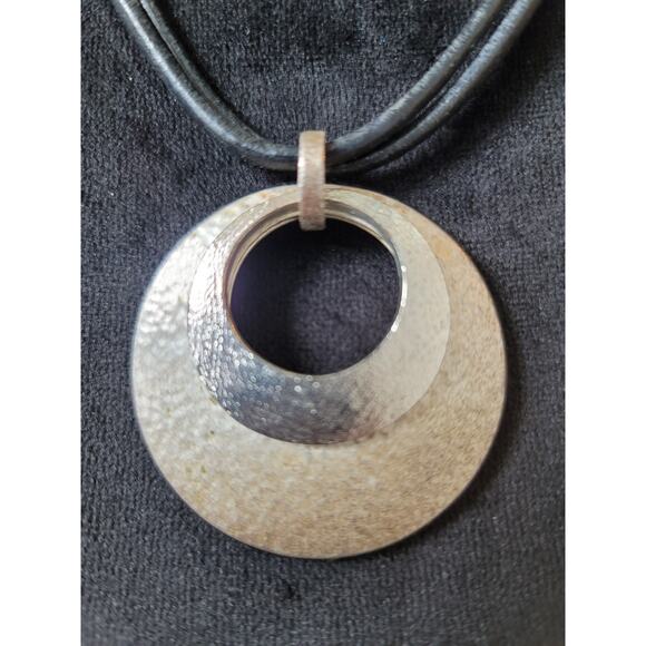 Chico's Pendant Necklace With Round Silver Tone Disc On Black Cord Lobster Clasp - Picture 3 of 8